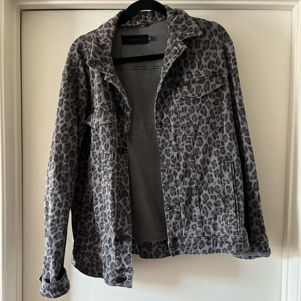 Leopard print denim jacket.